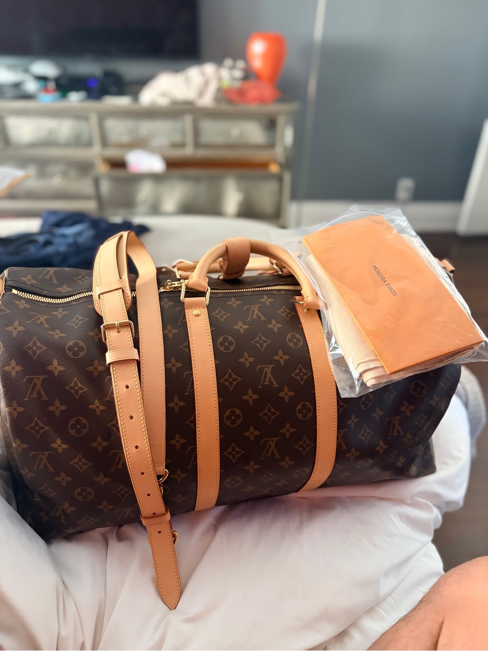 Louis Vuitton Brown Monogram Keepall Duffel Bag with Tan Leather Trim 55